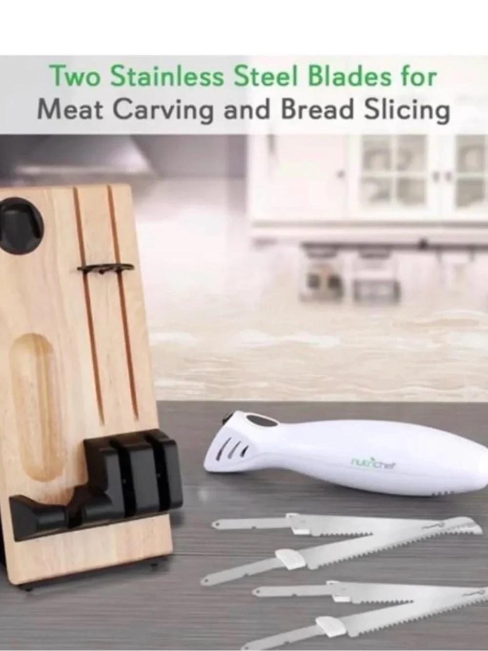 Nutrichef Electric Carving Knife Set with Wooden Block - White